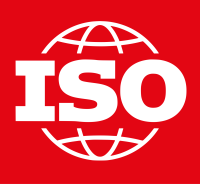 ISO logo featuring white "ISO" text on a red background with a stylized globe design.